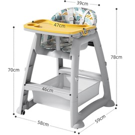 MTSDM New Multifunctional High Chair, Convertible Dining Chair with 4 Wheels, Double Dinner Plate, Storage Bag, Removable Cushion & 5 Point Harness Portable Baby Feeding Dining Chair(Grey)