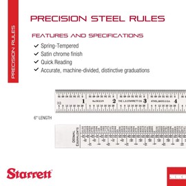 Starrett Spring Tempered Steel Rule with Satin Chrome Finish, Quick Reading and Decimal Equivalents - 6" Length, 10R Graduation Type, 3/64" Thickness - C622R-6