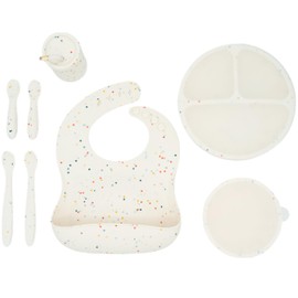 WeeSprout Baby Led Weaning Bundle, Silicone Suction Bowl, Spoons, Bib & Cup, Develops Self Feeding Skills, Dishwasher Safe (Confetti)