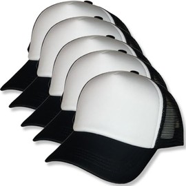 Genérico Paquete 5 Gorras Trucker Lisa, Esponja y Malla, Cachucha Unisex, Ajustable, Ideal para Sublimar y Campañas Publicitarias. (MX/US, Alfa, Talla única, Blanco con Negro)