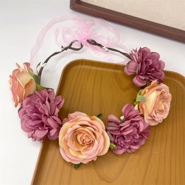 Yheahin Rose Flower Crown Headband for Women Handmade Floral Wreath Hair Band Beach Bridal Wedding Party Flower Headpiece Photo Props (Rose pink, Adjustable)