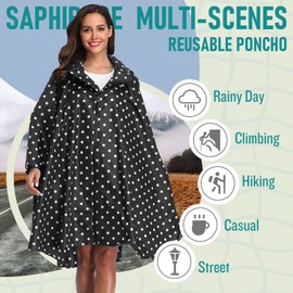 SaphiRose Unisex Rain Poncho Raincoat Hooded for Adults Women with Pocket (Black Point)