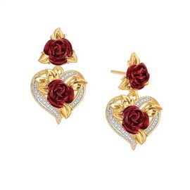 Rose Heart Dangle Earrings, Gold Tone with Red Rose and Crystal Accents, Drop Earrings for Women