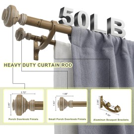 Mayrhyme Wood Double Curtain Rod for Windows 36 to 72 Inches (3 to 6 ft), Adjustable Heavy Duty Double Drapery Rods, Farmhouse Collection Decorative Design with Porch Doorknob Finials,Weathered Oak