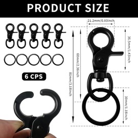 Hevysuo Pack of 6 Snap Hooks with Swivel Joint, Zinc Alloy Black Swivel Carabiner with 8 Keyrings for Dog Chain, Cat Belt, Key Chains, Camera Belt, 60 mm Length