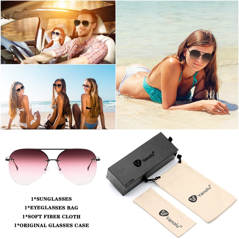 Vanolu Retro Rimless Women Aviator Sunglasses Classic Lady Oversized Sun