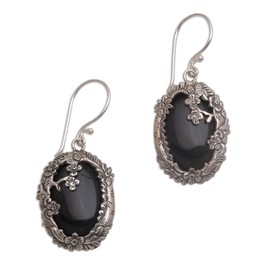 NOVICA Artisan Handmade Onyx Dangle Earrings Sterling Silver Floral from Bali Black Indonesia Nature Birthstone [1.5 in H x 0.7 in W x 0.2 in D] ' Dreamy Forest'