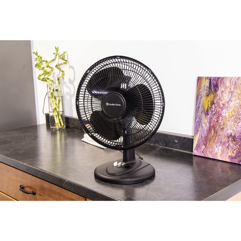 Comfort Zone Oscillating Table Fan with Adjustable Tilt, Convenient Push