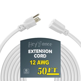 HeyYance 50 Ft Heavy Duty Outdoor Extension Cord Waterproof - 12/3 SJTW 15A 1875W White Extension Cable with 3 Prong Grounded Plug, Waterproof Electric Cable for Lawn, Garden, Appliances, UL Listed