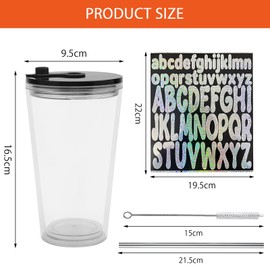 HENGBIRD Bubble Tea Cup, 16 oz Plastic Cup with Lid and Straw, Bubble Tea Cup with Letter Stickers and Straw Brush, Double-Walled Reusable Cup for Coffee Juice Smoothie