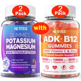 NEVISS 2Pack Potassium Magnesium + 2Pack Vitamin ADK with B12 Gummies