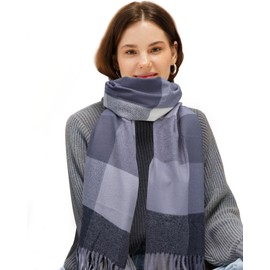 EOAMGO Women's Winter Scarf, Cuddly Cotton Checked Oversized Square Blanket Scarf (65 x 180 cm), gray