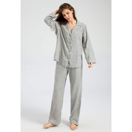 XINJU Womens Pajama Sets 100% Gauze Cotton Linen Like Long Sleeve Pajama Set Super Soft Pjs Comfy Button Down Sleepwear Loungewear (Long Sleeve, Light Grey, Large)