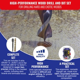 TIVOLY - Drills + Wood Bit Set - for Hardwood Drilling - 15 Piece Kit : 9 HSS SpeedPoint Wood Drills Ø 5/64" to 25/64" + 6 Flat Wood Bits Ø 9/16" to 15/15"