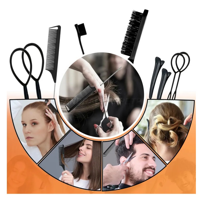 Kit Cepillos Y Peines Peinado Cabello Pinza Peluquería 10pz Negro