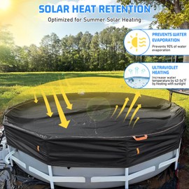 15ft Round Pool Cover Tarp, Solar Pool Covers for Above Ground Pools Heavy Duty 500D Tear-Resistant Waterproof UV Protection Winter Swimming Pools Cover with Windproof Gel-Coate Straps, Drawstring