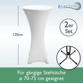 Beautissu Stella Set of 2 Stretch Bar Table Covers, White, Diameter 70-75 cm, Reinforcement in the Foot Area & Washable at 40°C, Non-Slip & Non-Iron Cover for Bar Table & Bistro Table as Table Cover