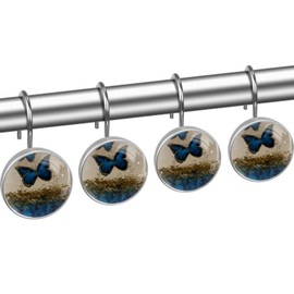 Marble Ombre Watercolor Ink Blue Butterfly Gold Lines Decorative Shower Curtain Hooks Rings Set of 12 Hooks for Shower Curtain Rustproof Curtain Rings for Bathroom