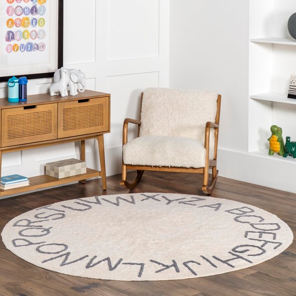 nuLOOM Kids Washable Round Alphabet Rug, 4' Round, Grey