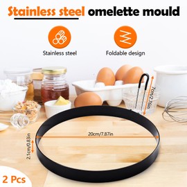 Huakaile 2 Pack 8" Omelette Ring for Griddle, Large Stainless Steel Egg Ring Cooker with Dipping Handle, Nonstick Round Egg Circles for Frying Baking Cooking Pancake Muffin Crumpet Breakfast (Black)