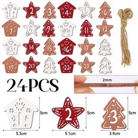 BETESSIN Advent Calendar Numbers Wooden 1-24 Advent Calendar Pendant for Crafts with 24 Jute String Christmas Wooden Tags Wooden Numbers Gift Tags in Stars Christmas Tree House Shape Christmas