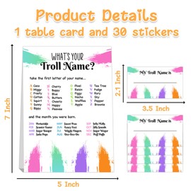 BirtDerr What's your Troll Name,1 Game Sign and 30 Name Stickers,Troll Theme Birthday Party Sign for Boys Girls,Kids Troll Activity Cards,Troll Activity Decoration Supplies,Holiday Activity