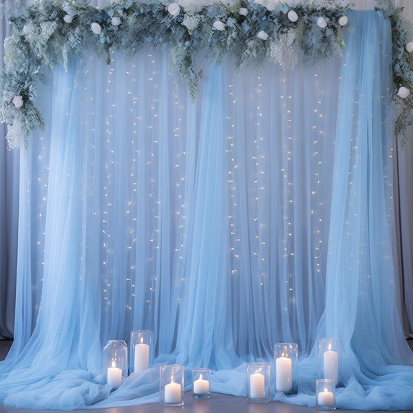 10×10ft Blue Tulle Backdrop Curtain with Lights String for Parties,