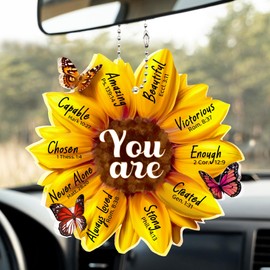 Sunflower Car Hanging Rear View Mirror Accessories with Bible Verse, Faithful Sunflower Gifts for Women, Religious Birthday Christian Gifts for Mom Grandma, Christmas Ornament, Positive Hanging Decor