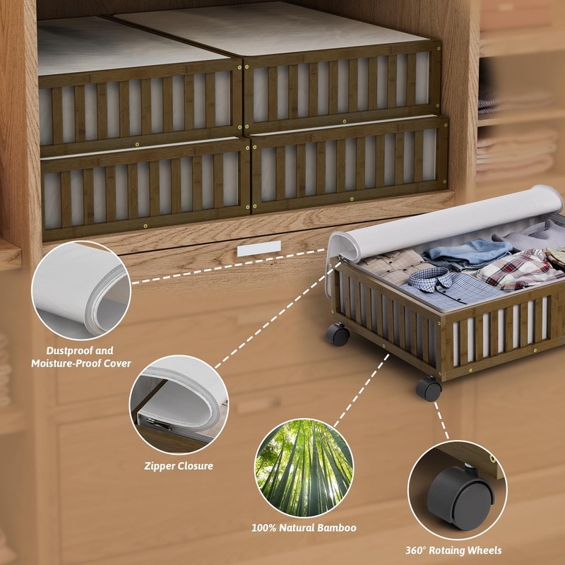 Bamboo Under Bed Storage Containers with Wheels, 2 Pack Under