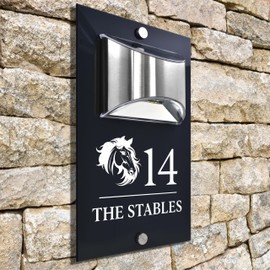 Custom Signs Solar Illuminated Modern Anthracite House Number Sign 24cm x 14.5cm Horse Equestrian Design