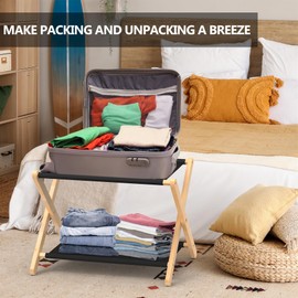 FoverOne Luggage Rack for Guest Room, Folding Suitcase Stand with Storage Shelf, Heavy-Duty Bamboo Frame and Nylon Straps, Fits Most Luggage Size