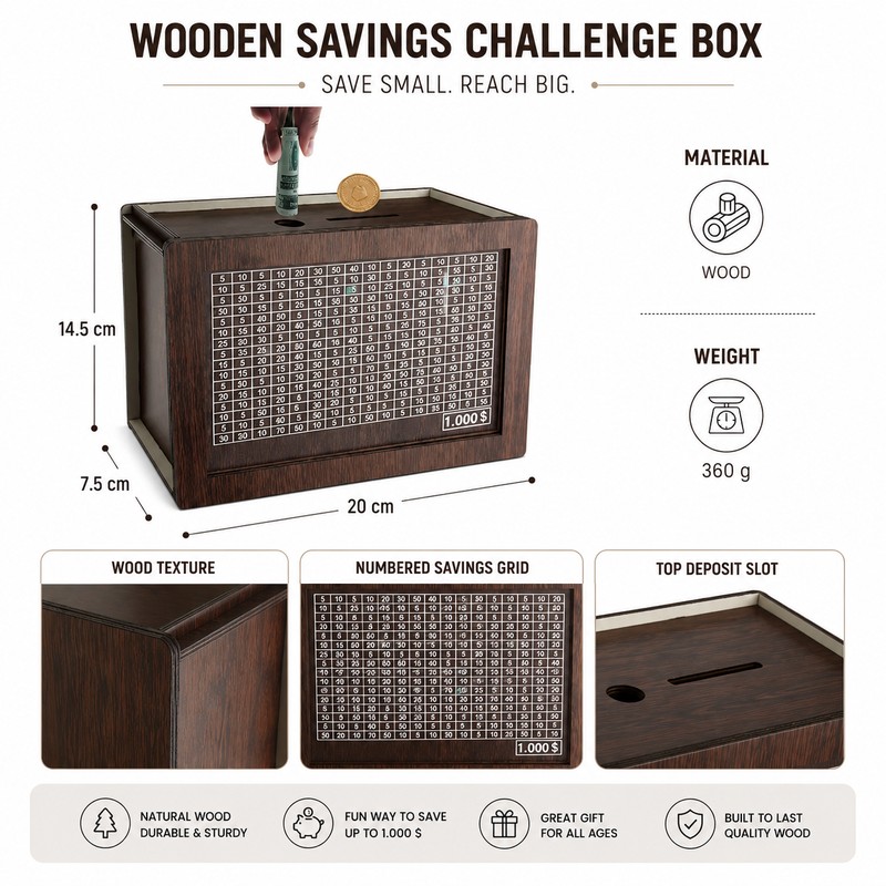 Wooden Savings Challenge Box for Cash – Reusable $10,000 Money
