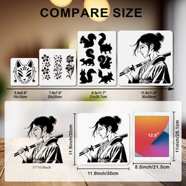 MAYJOYDIY Japanese Samurai Pattern Stencil Set Geisha Swordsman Painting Stencils 30x30cm Reusable Human Theme Drawing Template with Paint Brush for DIY Scrapbook, Photo Album