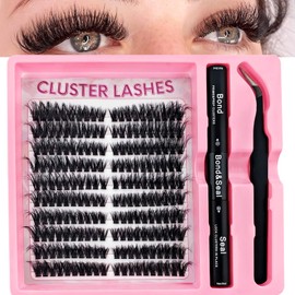 DIY Eyelash Extensions Set, 8-16 mm, Mixed Fluffy Eyelashes, Individual False Eyelash Clusters with Eyelash Glue and Tweezers for Beginners, Reusable Eyelash Clusters (10A)