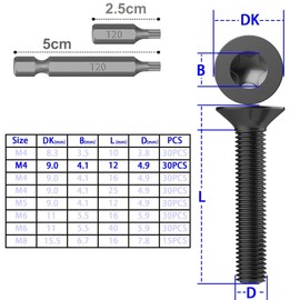 TXXATX Pack of 30 Countersunk Screws M4 Stainless Steel A2 V2A Countersunk Torx Screws M4 x 12 mm Machine Screws Black Screw Furniture Screws Stainless Steel Screws Flat Head Screws with T20 Torx Bit