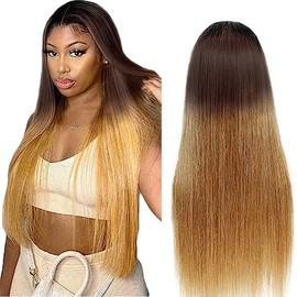 AiPliantfis Straight Human Hair Wig, Blonde, 4x4 Real Hair Wig, Women, 1B4/27, Ombre, Glueless Human Hair with Natural Hairline, Free Part, Bleached Knots, Brazilian Remy Hair, 24 Inches (61 cm)