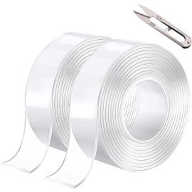 LSXD Cinta Doble Cara, 2 Rollos 5M Nano Tape Extrafuerte Reutilizable y Impermeable con Tijera, Tape Doble Cara Transparente para Pared, Cocina, Baño, Alfombra, Manualidades, Fijación de Fotos