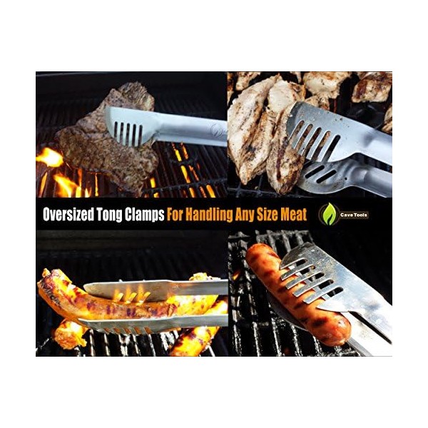 Cave Tools 17" Long Handle Stainless Steel Grill Tongs with Locking Bracket - BBQ Grill Accessories