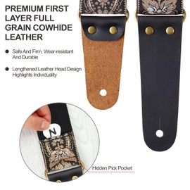 Guitar Strap, Vintage Embroidered Cotton Guitar Straps with Genuine Leather Ends for Bass, Electric & Acoustic Guitars, Come with Free Strap Button, 1 Pair Strap Locks and 4 Guitar Picks