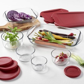 Anchor Hocking 12 Piece Glass Food Storage and Embrace Baking Dish Set with Cherry BPA-Free SnugFit Lids, Microwave, Oven, Freezer, and Dishwasher Safe