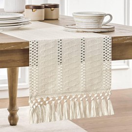 Beige Macrame Table Runner, 30 x 180 cm, Linen Table Runner with Fringes, Fashion Table Runner, Country House Style Tablecloth, Vintage, Washable Table for Kitchen, Dining, Holiday, Party, Coffee