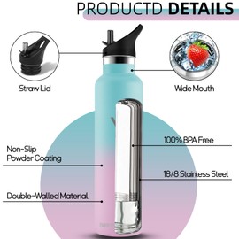 Stainless Steel Drinking Bottle, 1 Litre, Water Bottle with Straw, BPA-Free, Sports Water Bottle, Insulated Flask, Double-Walled, Leak-Proof, Thermos Flask for Hiking, Tra