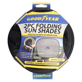 Goodyear 2pc Folding Sun Shade Universal fit for most cars, vans & SUVs| Easy to install & remove | See through mesh reduces glare | Attached easily with suction cup | Blocks Sunlight & Reduces Heat