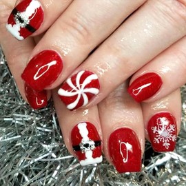 Christmas Press on Nails Short Square Fake Nails with Snowflake Glitter Patterns Design Glue on Nails Red Xmas Full Cover False Nails Glossy Nails Press ons Artificial Christmas Nails for Girls 24Pcs