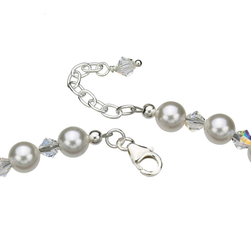 Sterling Silver Ankle Bracelet, Crystal Simulated Pearls 9"+1" Extender