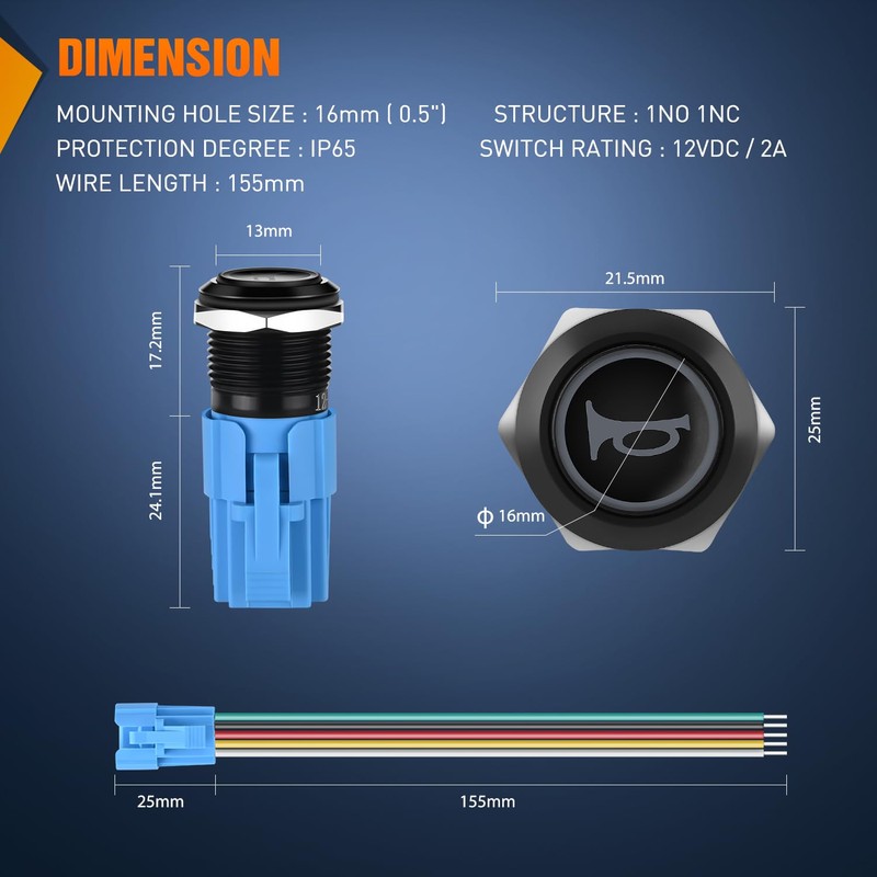 Nilight 16MM Raised Speaker Horn Momentary Push Button Switch 12V