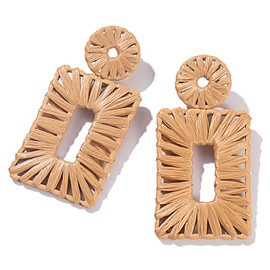 Statement Raffia Earrings Boho Drop Earrings Geometric Dangle Earrings for Women Handmade Straw Earrings Beach Earrings(Wheat)