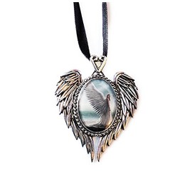 Spirit Guide - Angel Cameo Oval Cabochon Style Pendant Necklace in Winged Setting With Heart Casting at Top, Ribboned - Artwork by Anne Stokes