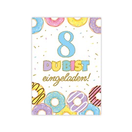 Minkocards 12 Invitation Cards for Children's Eighth Birthday 8th Birthday Girls Donuts Invitations for Birthday Children Colourful Birthday Invitations