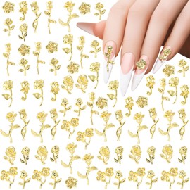 132pcs Rose Charms for Nails Gold 3D Mini Roses Retro Metal Nail Jewels Nail Studs for Acrylic Nails Decoration DIY Craft Making,11 Styles of Rose Flower Nail Charm